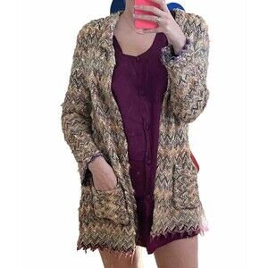 Vintage y2k Chunky Knit Long Cardigan Funky Fuzzy Zig Zag French Handmade